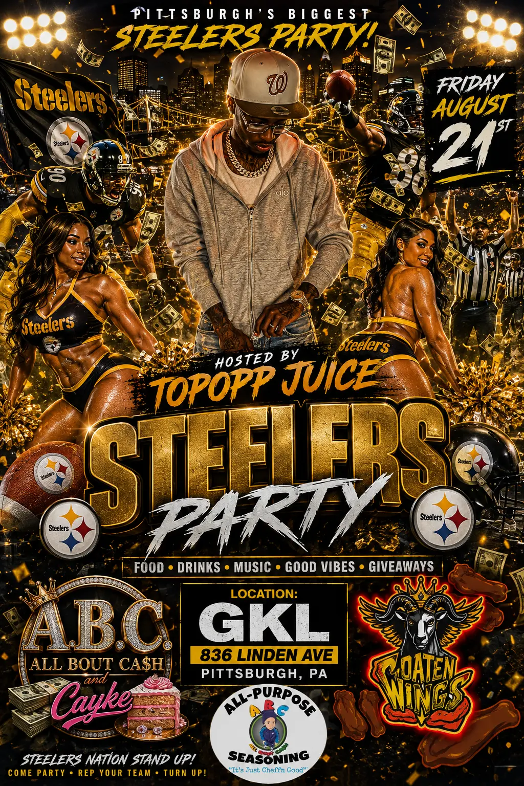 Steelers Party hosted by Topopp Juice at GKL, 836 Linden Ave flyer