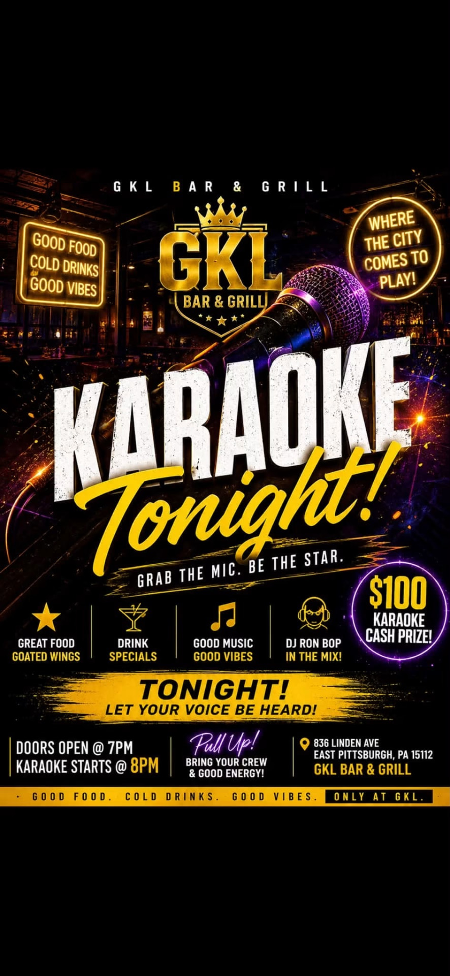 Karaoke night at GKL Bar & Grill with DJ Ron Bop and $100 cash prize flyer