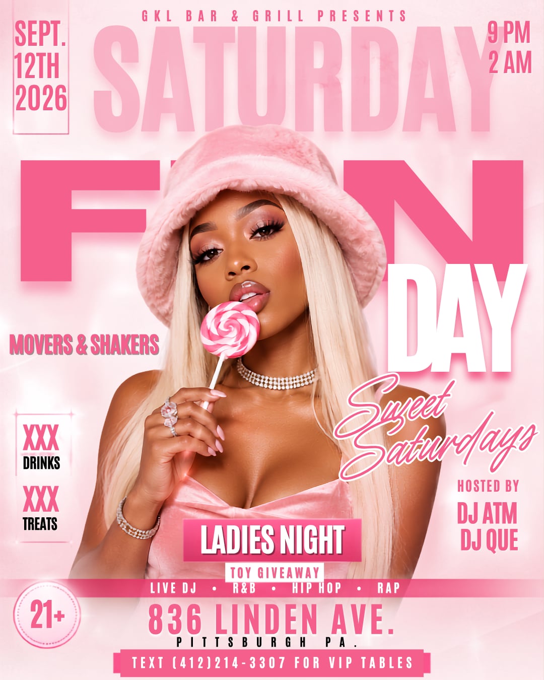 Sweet Saturdays Ladies Night September 12 flyer at GKL Bar & Grill