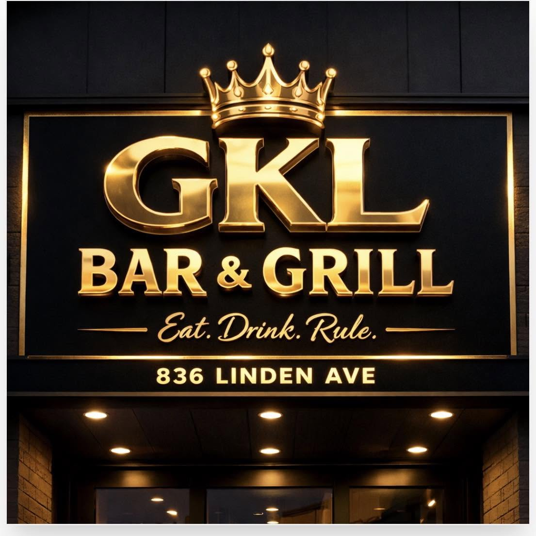 Gold GKL Bar & Grill crown sign above the entrance at 836 Linden Ave